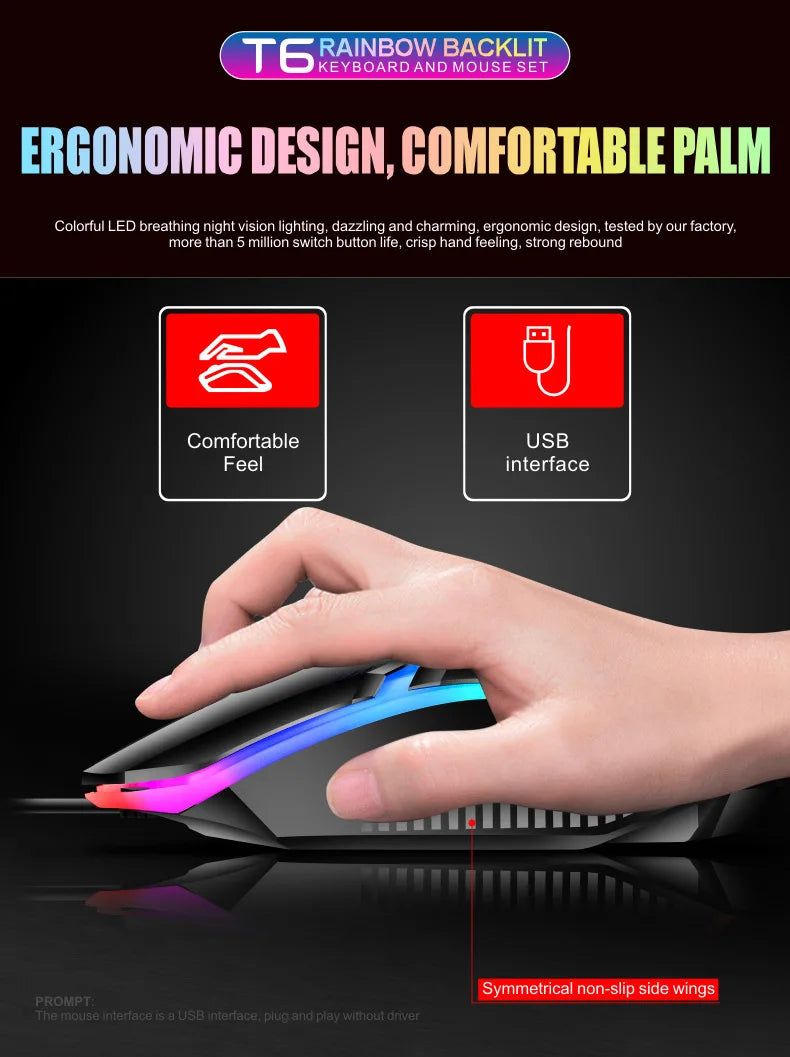 Rainbow Backlit Wired Keyboard and Mouse,Floating Keycap Strong, Wear-resistant,  Comfortable Feel Keyboard for Business Office