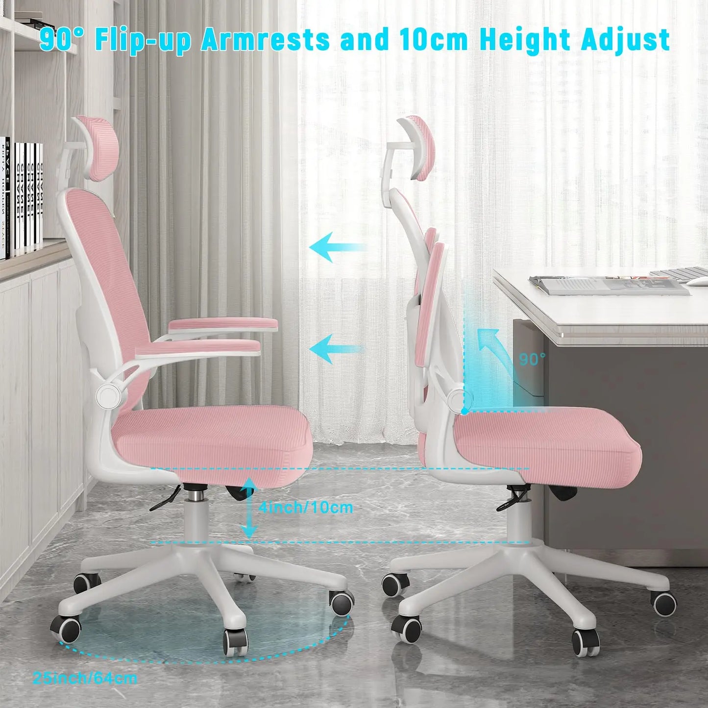 Pink Ergonomic Office Chair, Liftable High Back Gaming Chair with Lumbar Support Swivel Desk Gaming Chair Seat Depth Adjustable