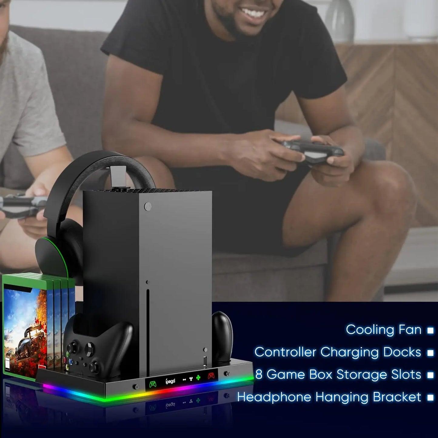 Cooling Fan Stand&Charging Station for Xbox Series X Console&Controller with 15RGB Color Light,Storage with 3-Levels Fan System