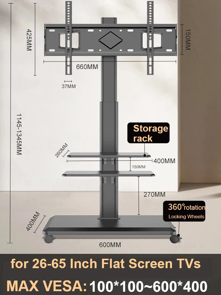 Rolling TV Stand, Mobile TV Cart on Wheels for 32-65 Inch Flat Screen TVs Swivel Height Adjustable Floor TV Stand VESA 600x400mm
