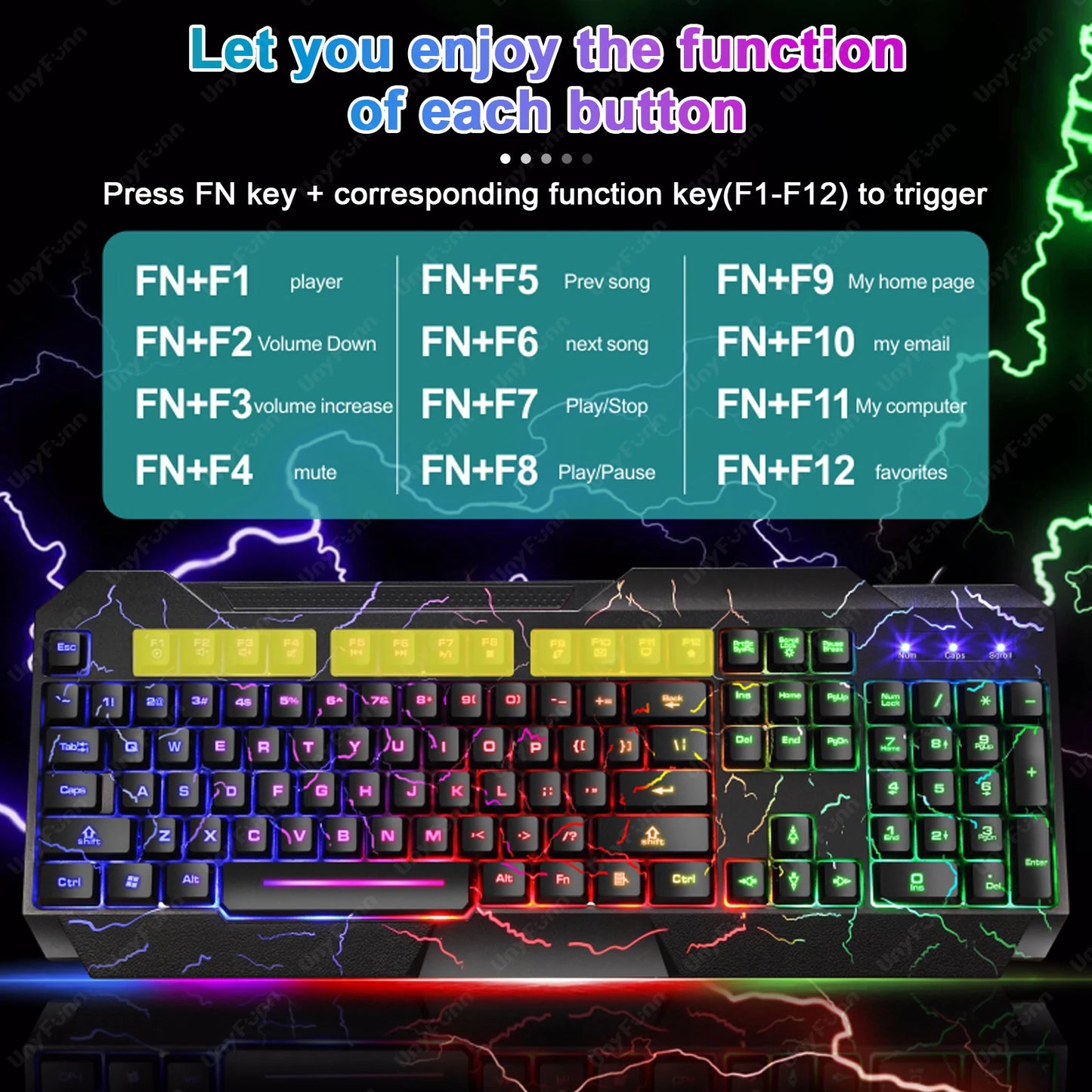 Ergonomic Gaming Keyboard& Mouse Set with Crack Rainbow Glow Backlight Gaming Peripheral Membranes Feel Luminous Keyboard Mouse