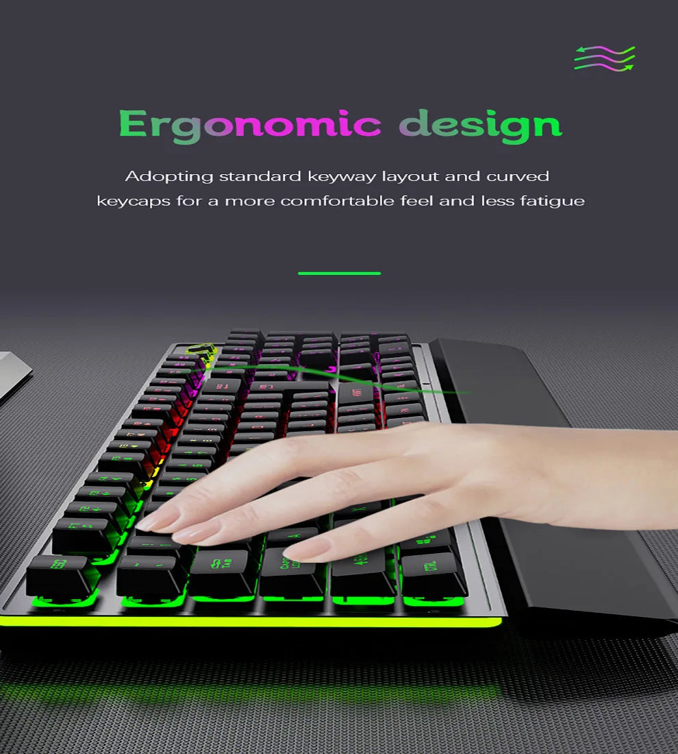 Mechanical Wired Gaming Keyboard and Wrist Rest Rainbow LED Backlit,Ergonomic Full Size Quiet Silent USB Keyboard for Computer