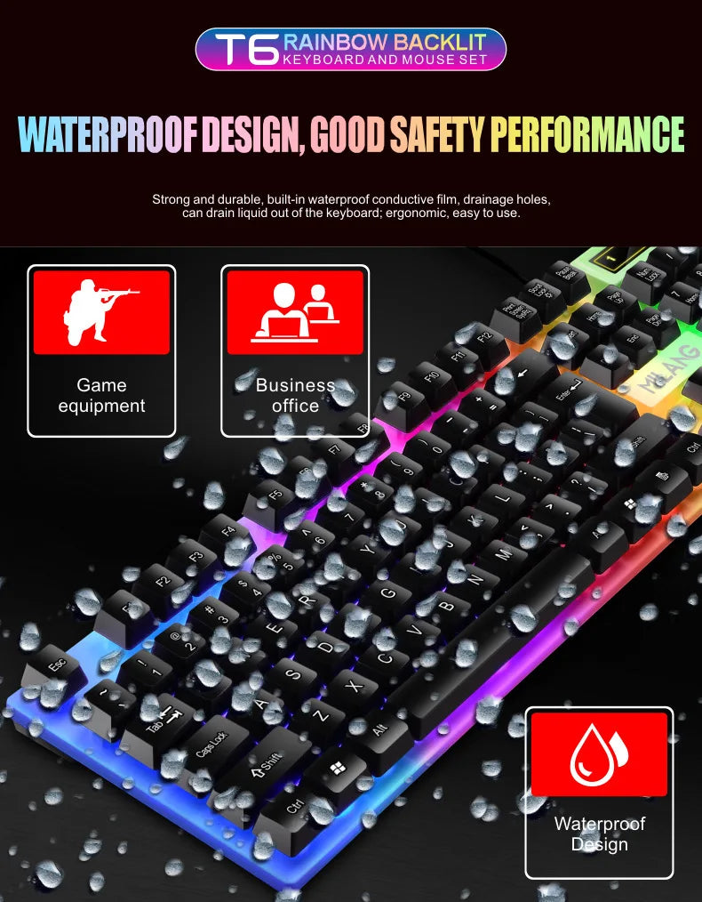 Rainbow Backlit Wired Keyboard and Mouse,Floating Keycap Strong, Wear-resistant,  Comfortable Feel Keyboard for Business Office