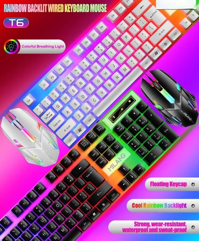 Rainbow Backlit Wired Keyboard and Mouse,Floating Keycap Strong, Wear-resistant,  Comfortable Feel Keyboard for Business Office