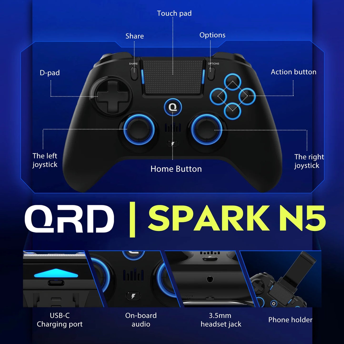 Original QRD Spark N5 Wireless Controller for PS5 PS4 PS3 IOS Android PC Hall 9-color LED lights Vibration effect PS4 Gamepad
