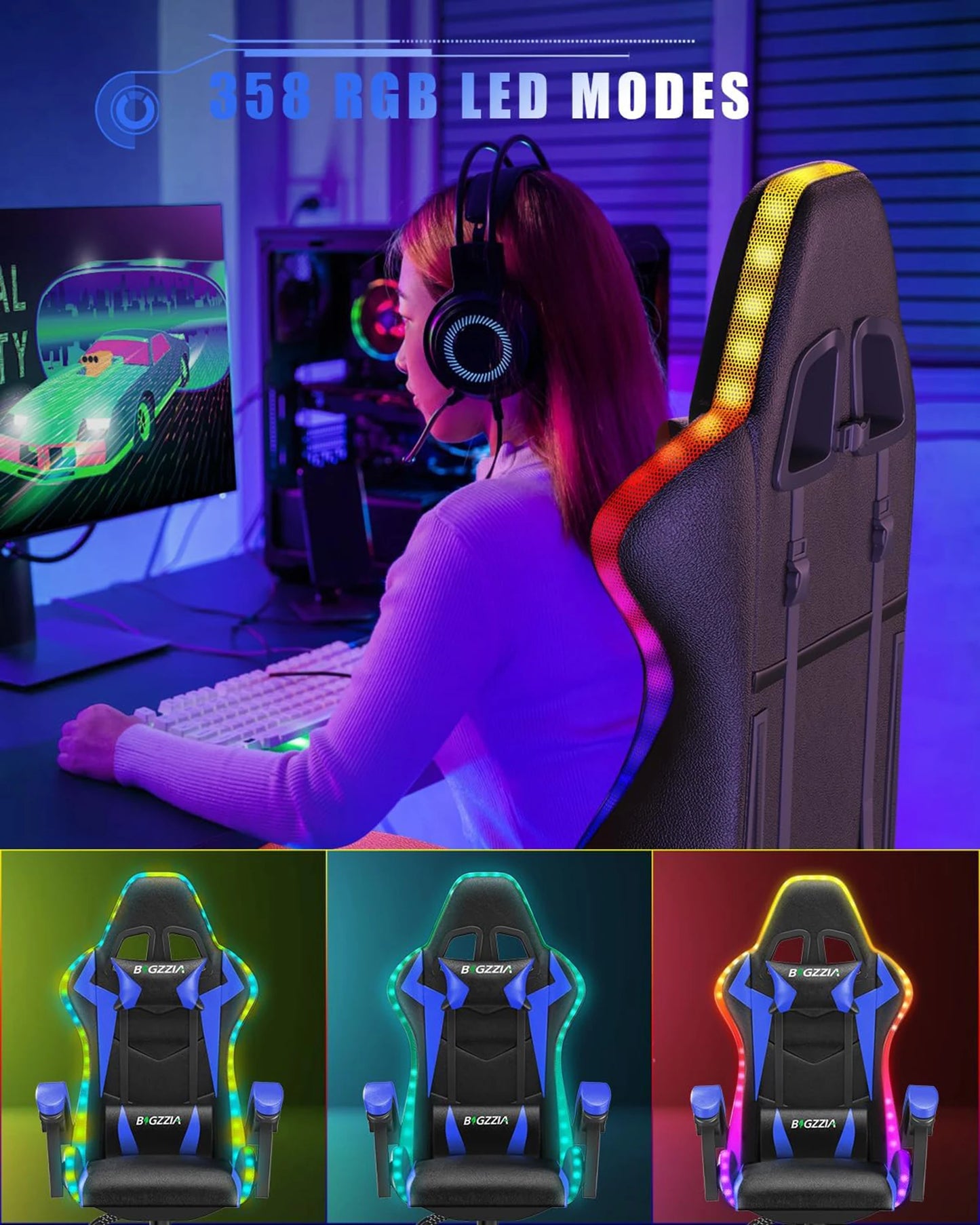 Gaming Chair with LED Gaming Chair Gamer Chairs RGB Light Lighting Computer Chair Height Adjustable Ergonomic Office Chair