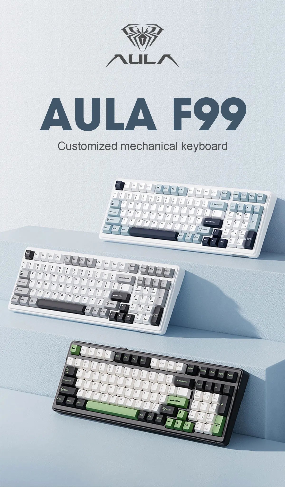 AULA F99 Machanical Keyboard Bluetooth 5.0/2.4G Wireless/Wired Gasket-mounted Gaming Keyboard 99 Keys Customizable Keyboards