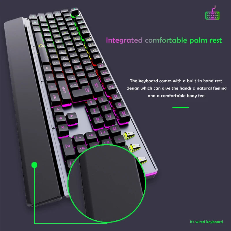 Mechanical Wired Gaming Keyboard and Wrist Rest Rainbow LED Backlit,Ergonomic Full Size Quiet Silent USB Keyboard for Computer