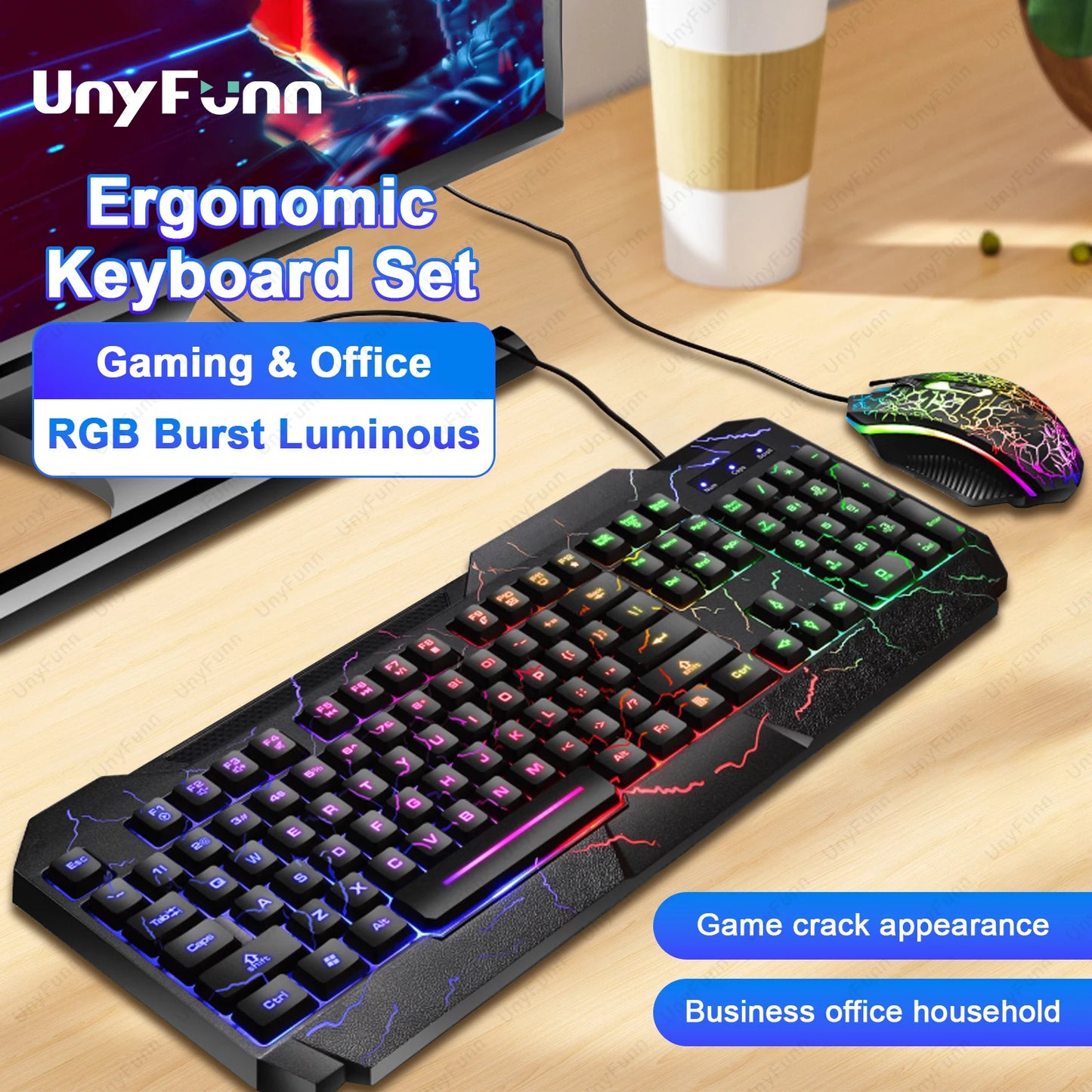 Ergonomic Gaming Keyboard& Mouse Set with Crack Rainbow Glow Backlight Gaming Peripheral Membranes Feel Luminous Keyboard Mouse