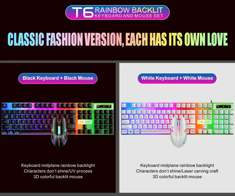 Rainbow Backlit Wired Keyboard and Mouse,Floating Keycap Strong, Wear-resistant,  Comfortable Feel Keyboard for Business Office