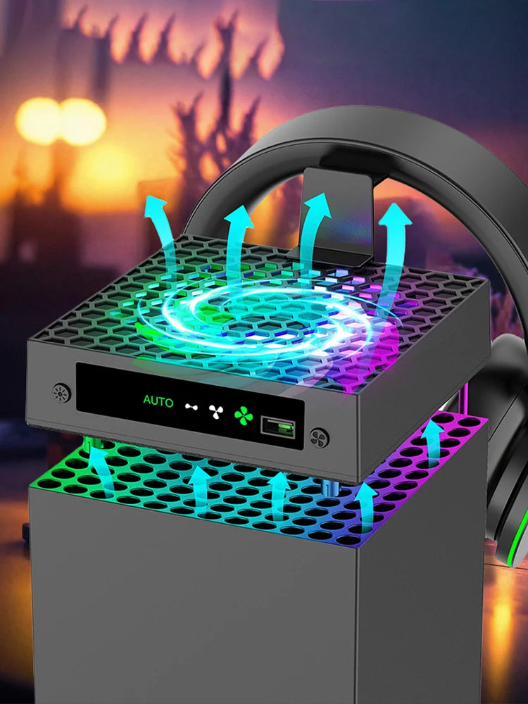 RGB Cooling Fan with Adjustable Speed for Xbox Series X Console Featuring Headset Holders and USB Port