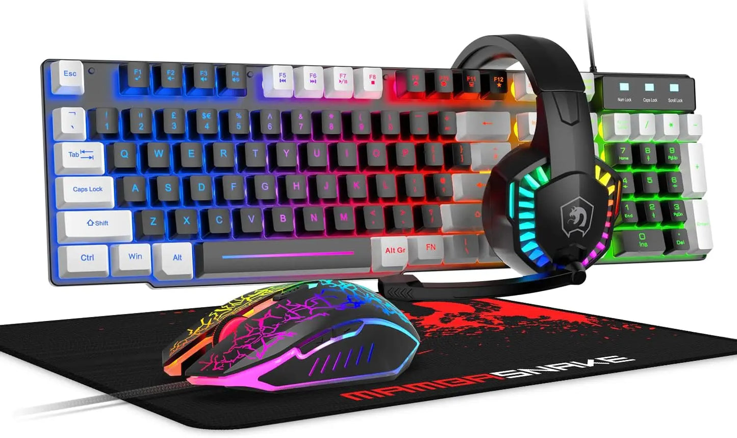 MANBASNAKE T11 Wired Gaming Keyboard and Mouse Headset Combo,Rainbow LED Backlit Wired Keyboard