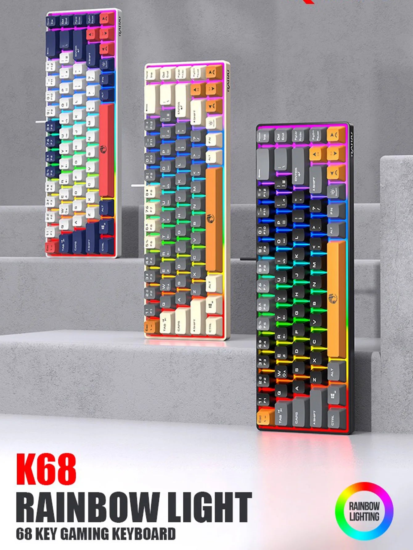 Three-piece wired gaming keyboard, rainbow backlight, multimedia function, mechanical feel, suitable for office and gaming