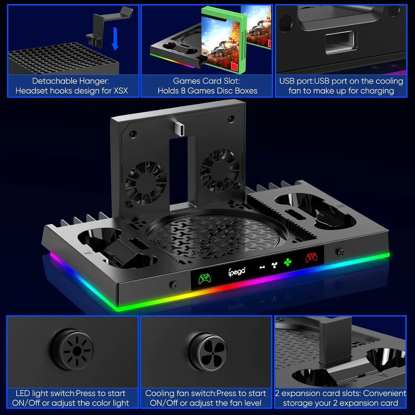 Cooling Fan Stand&Charging Station for Xbox Series X Console&Controller with 15RGB Color Light,Storage with 3-Levels Fan System