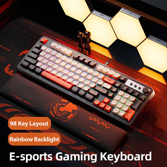 EWEADN Pro Gaming Keyboard Wired, 98-Key Silent Rainbow RGB Backlit, Ergonomic Compact Keyboard for eSports, Office, PC Gamers