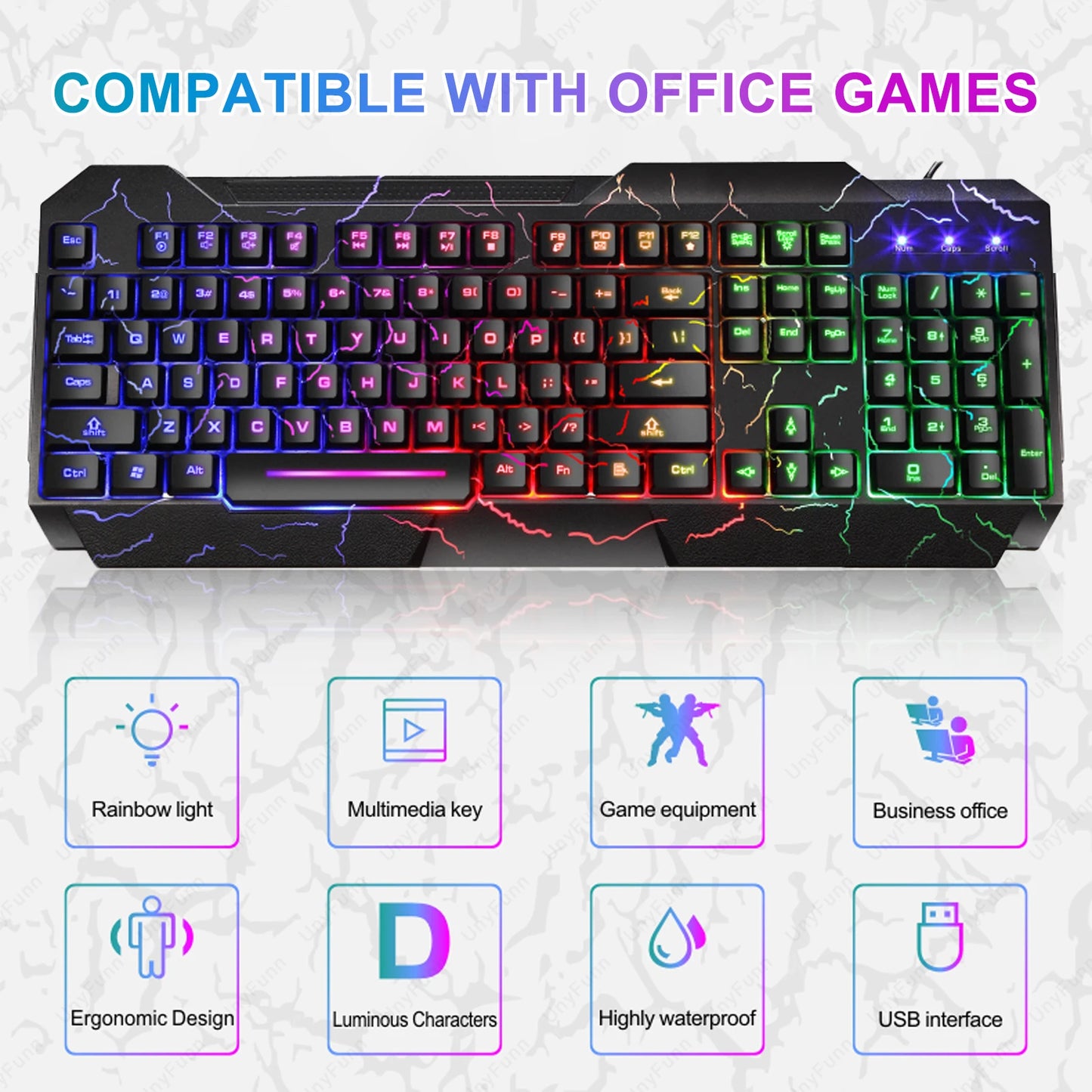 Ergonomic Gaming Keyboard& Mouse Set with Crack Rainbow Glow Backlight Gaming Peripheral Membranes Feel Luminous Keyboard Mouse