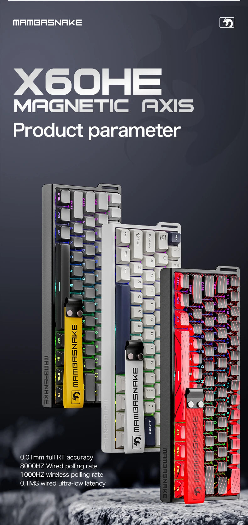 MAMBASNAKE X60HE Rapid Trigger Wireless Gaming Keyboard, 0.01mm RT Accuracy, 8000hz, Magnetic Switch, RGB, Snap Tap, DKS, TGL