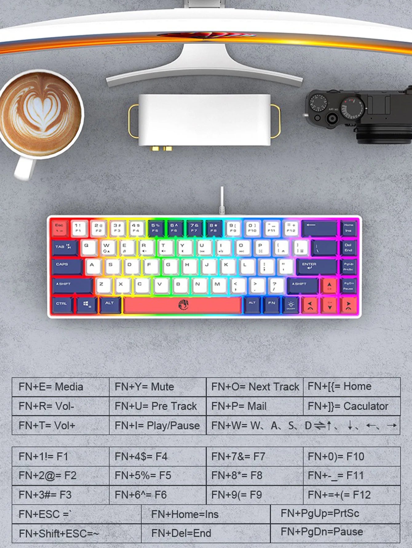 Three-piece wired gaming keyboard, rainbow backlight, multimedia function, mechanical feel, suitable for office and gaming