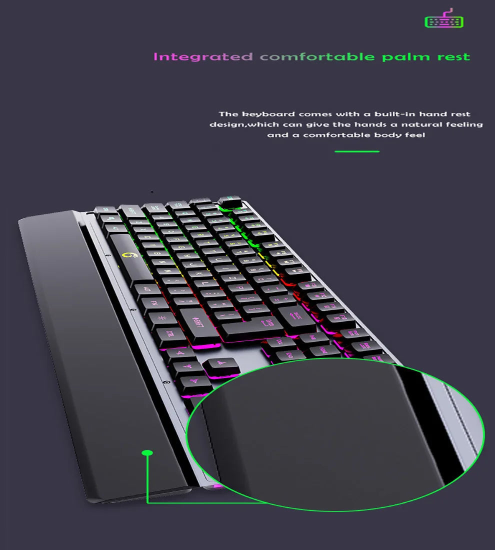 Mechanical Wired Gaming Keyboard and Wrist Rest Rainbow LED Backlit,Ergonomic Full Size Quiet Silent USB Keyboard for Computer