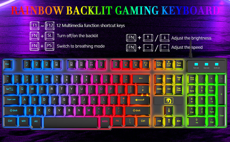 MANBASNAKE T11 Wired Gaming Keyboard and Mouse Headset Combo,Rainbow LED Backlit Wired Keyboard